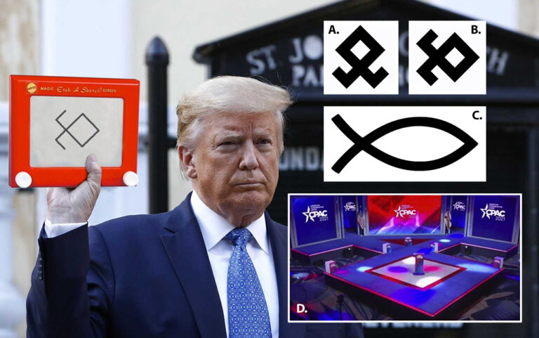 Trump Insists Alleged Nazi Symbol on CPAC Stage is All About Love and Jesus, and Shows Proof